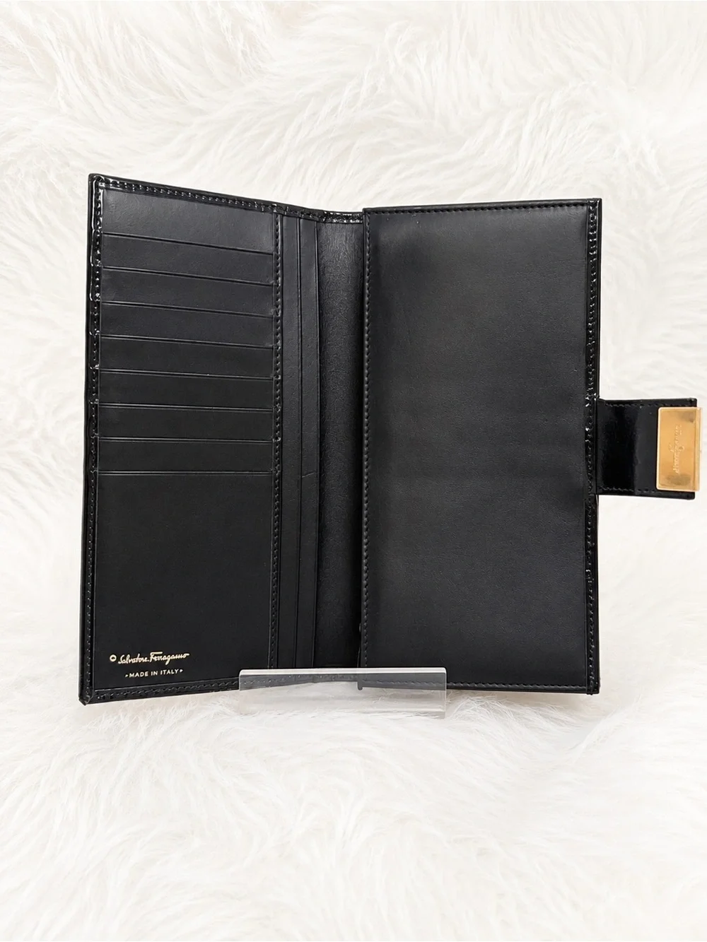 Salvatore Ferragamo Black Patent Leather Snap Wallet with Gold Plaque